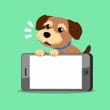 Çizgi film karakteri sevimli kahverengi köpek ve smartphone