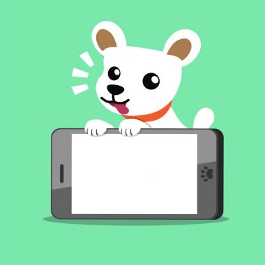 Çizgi film karakteri sevimli beyaz köpek ve smartphone