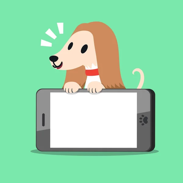 Personagem de desenhos animados afegão cão de caça e smartphone — Vetor de Stock