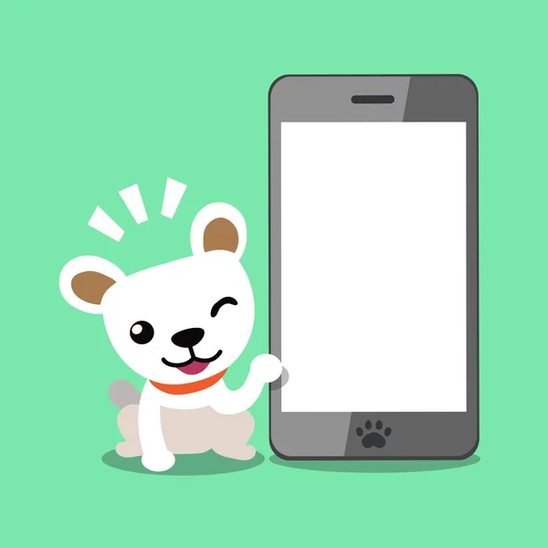 Cartoonfigur süßer weißer Hund und großes Smartphone — Stockvektor