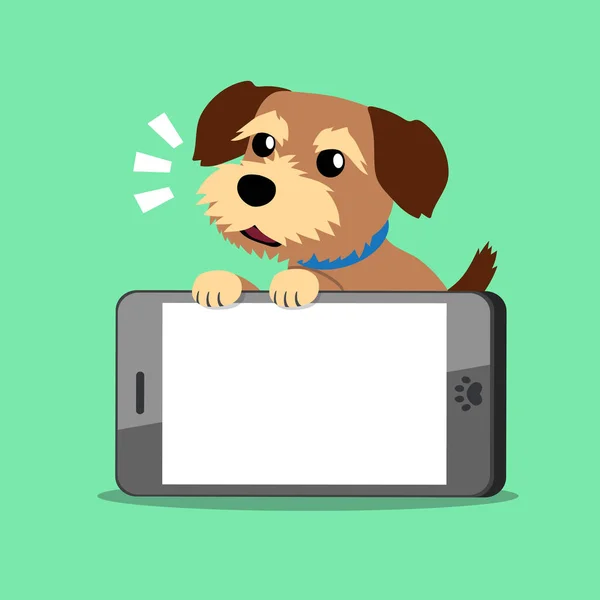 Kreslená postava roztomilé hnědý pes a smartphone — Stockový vektor