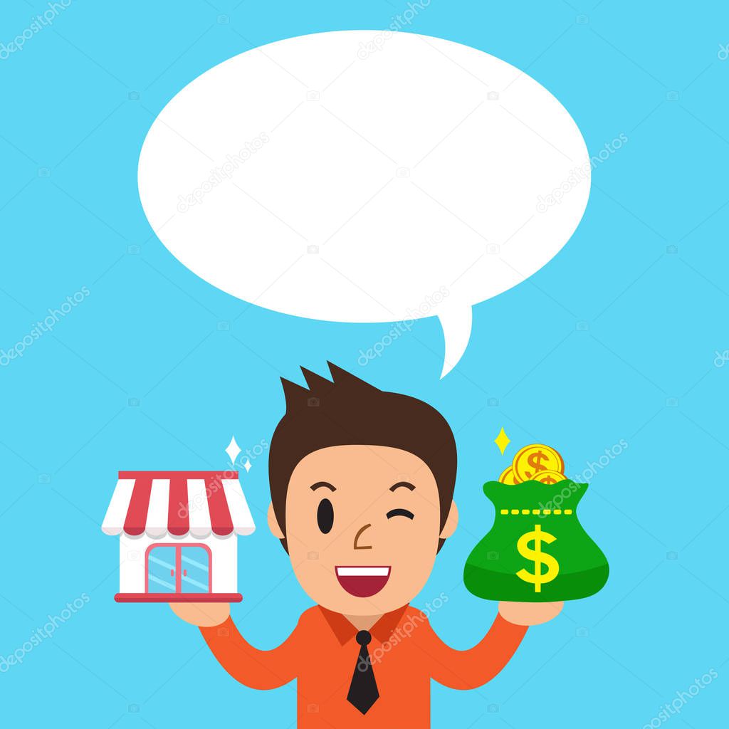 Cartoon businessman carrying franchise business store and money bag with white speech bubble