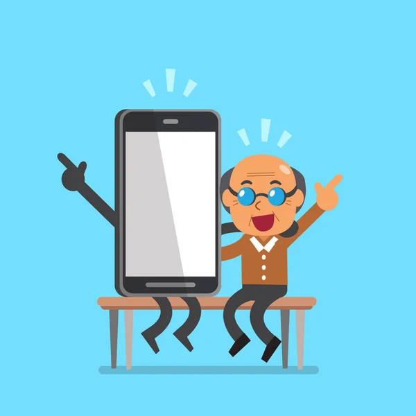 Vettoriale cartone animato anziano uomo e smartphone personaggio — Vettoriale Stock