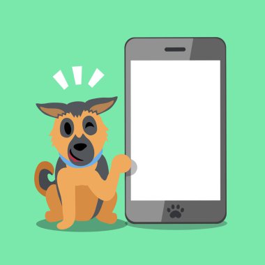 Çizgi film karakteri Alman çoban köpeği ve büyük smartphone