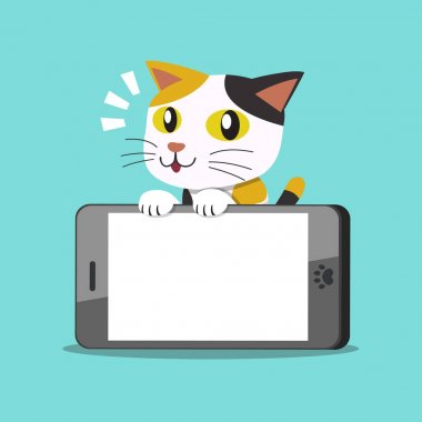 Vektör karikatür karakter sevimli kedi ve büyük smartphone