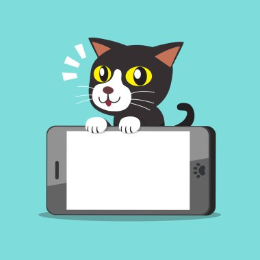 Vektör karikatür karakter kedi ve büyük smartphone