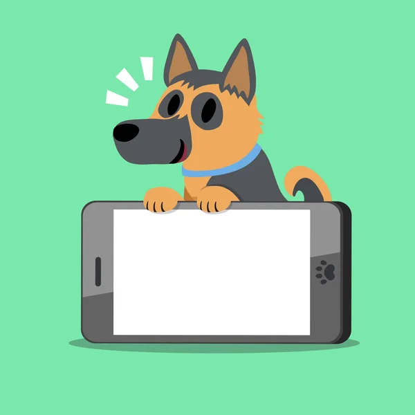 Kreslená postava psa, německého ovčáka a smartphone — Stockový vektor