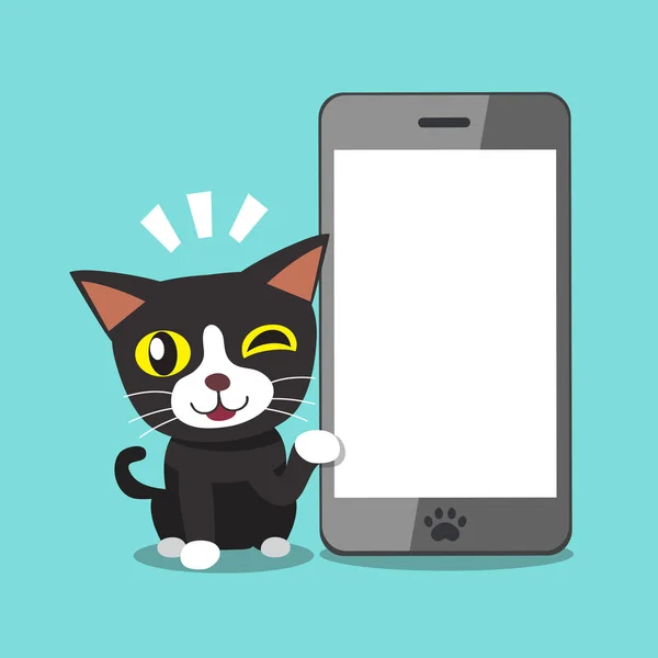 Kreslená postava kočka a velký smartphone — Stockový vektor