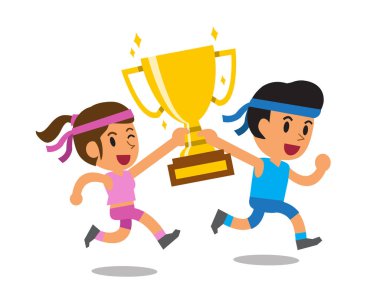 Vektör karikatür spor adamı ve büyük Altın Kupa bardak tasarım ödülü tutan kadın.