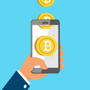 Akıllı telefon tutarak ve para sikke kazanç Cryptocurrency kavramı el