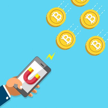 Cryptocurrency kavramı el smartphone çekiyor için para sikke ile mıknatıs simgesini kullanarak