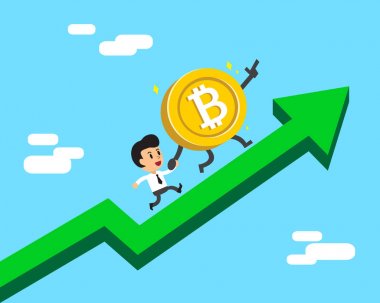 Cryptocurrency kavramı karakter büyük madeni para ve Yeşil ok çalışan iş adamı
