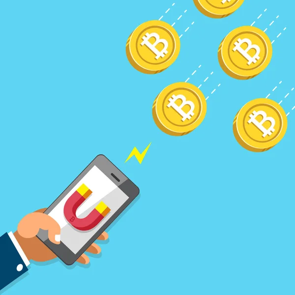 Criptomoeda Mão Conceito Usando Smartphone Com Ímã Ícone Para Atrair — Vetor de Stock