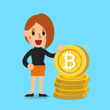 Cryptocurrency konsept tasarım için büyük para yığını bir kadınla.