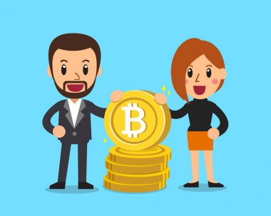 Cryptocurrency kavramı işadamı ve büyük para ile iş kadını için tasarım yığını.