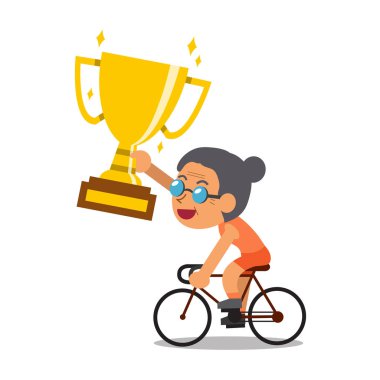Vektör karikatür spor üst düzey kadın Bisiklet ve holding büyük Altın Kupa Kupası Ödülü at binme