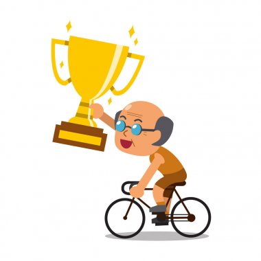Bisiklet ve holding büyük Altın Kupa Kupası Ödülü vektör karikatür spor üst düzey kişini