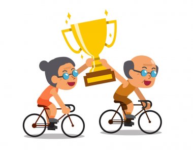 Bisiklet sürme ve büyük Altın Kupa Kupası Ödülü tutan vektör karikatür spor üst düzey bir çift