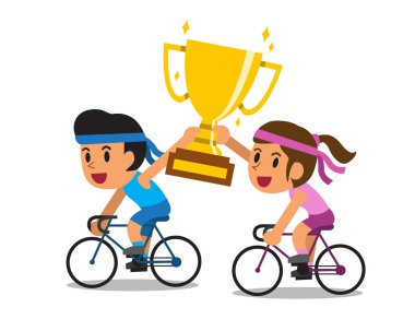 Bisiklet sürme ve büyük Altın Kupa Kupası Ödülü tutan vektör karikatür spor Çift