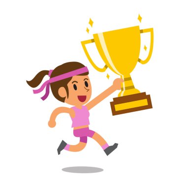 Büyük Altın Kupa Kupası Ödülü tutan vektör karikatür spor kadın