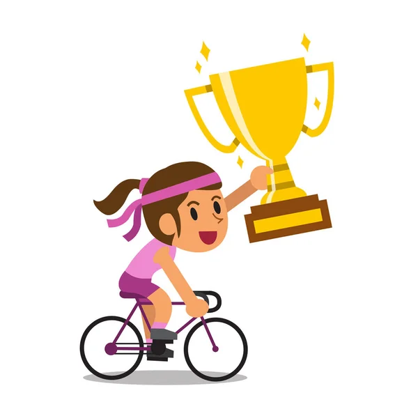 Vector Dibujos Animados Deporte Mujer Montar Bicicleta Celebración Grandes Trofeos — Vector de stock