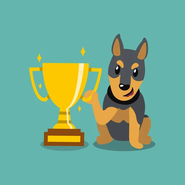 Personaje Dibujos Animados Vectorial Doberman Perro Celebración Trofeo Oro Premio — Vector de stock