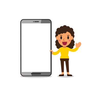 Tasarım için akıllı telefonu olan vektör karikatür kadın..
