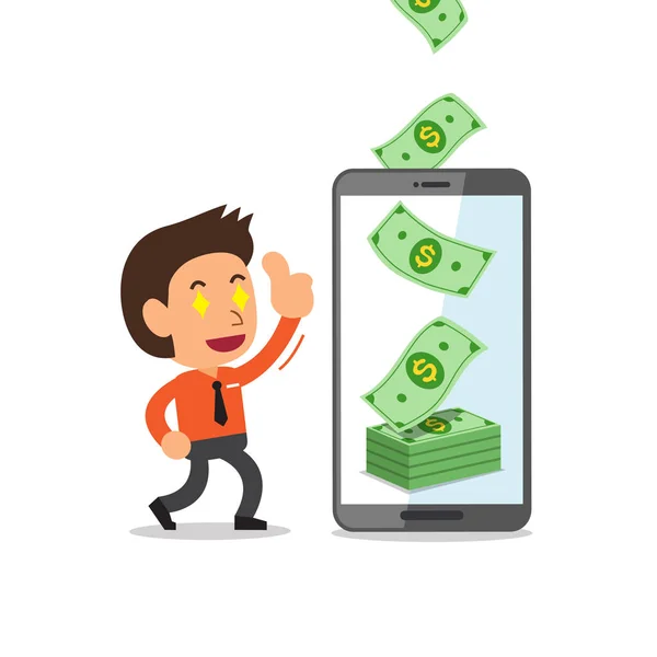 Concepto Negocio Smartphone Dibujos Animados Ayudar Los Empresarios Ganar Dinero — Vector de stock