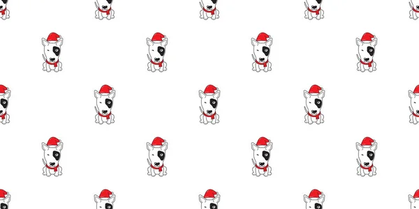 漫画の雄牛テリア犬とともにサンタクラスクリスマス帽子シームレスパターン背景のためのデザイン — ストックベクタ