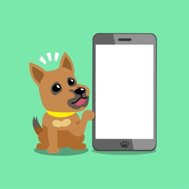 Tasarım için akıllı telefonu olan vektör çizgi film karakteri kahverengi köpek.