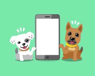 Vektör çizgi film karakteri tasarım için akıllı telefonlu mutlu köpekler.