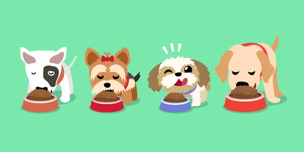 Vector Cartoon Schattig Gelukkig Honden Met Voedsel Kommen Voor Ontwerp — Stockvector