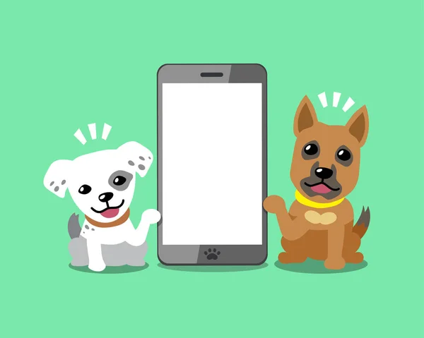 ベクトル漫画のキャラクターデザインのためのスマートフォンで幸せな犬 — ストックベクタ