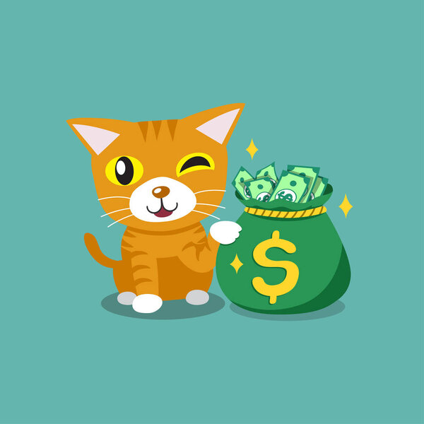 Vector cartoon character cute tabby cat with money bag for design.