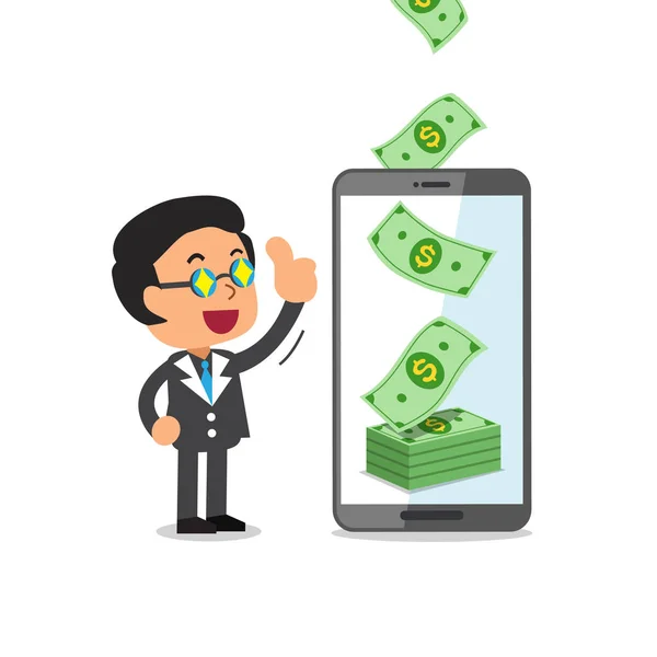Conceito Negócio Cartoon Smartphone Ajuda Empresário Ganhar Dinheiro Para Design —  Vetores de Stock
