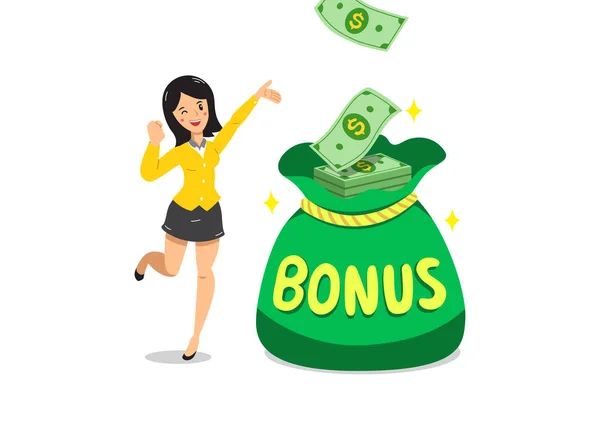 Cartoon Business Woman Big Bonus Money Bag Design — Stock Vector