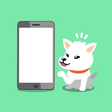 Tasarım için akıllı telefonu olan sevimli beyaz köpek..