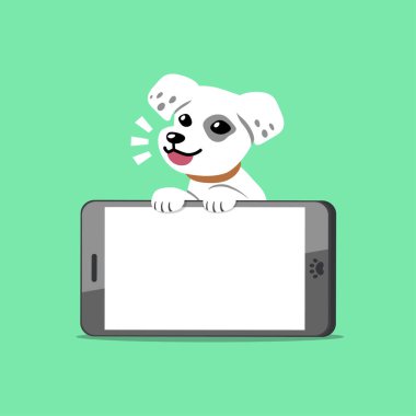Tasarım için akıllı telefonu olan sevimli beyaz köpek..
