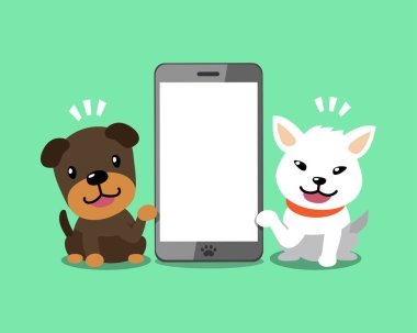 Vektör çizgi film karakteri tasarım için akıllı telefonlu mutlu köpekler.