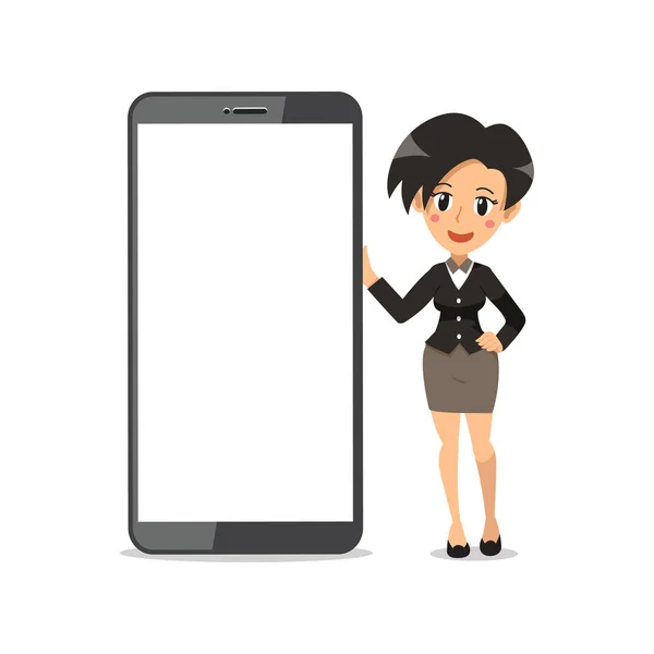 Personaje Dibujos Animados Mujer Negocios Con Teléfono Inteligente Para Diseño — Vector de stock