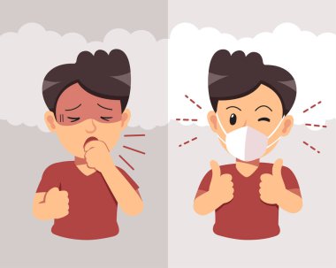 Air pollution concept man coughing and wearing protective face mask against smoke on background for design.