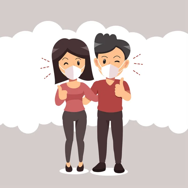 Air pollution concept couple wearing protective face mask against smoke on background for design.