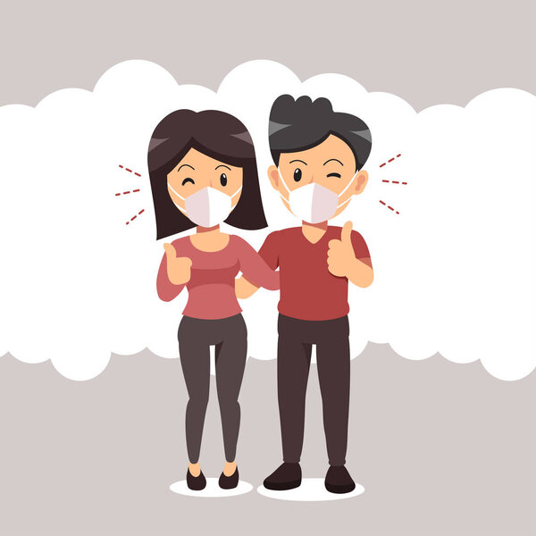 Air pollution concept couple wearing protective face mask against smoke on background for design.