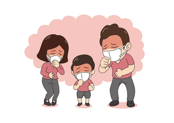 Luftverschmutzungskonzept Kranke Familie Hustet Und Trägt Schutzmaske Gegen Rauch Auf — Stockvektor
