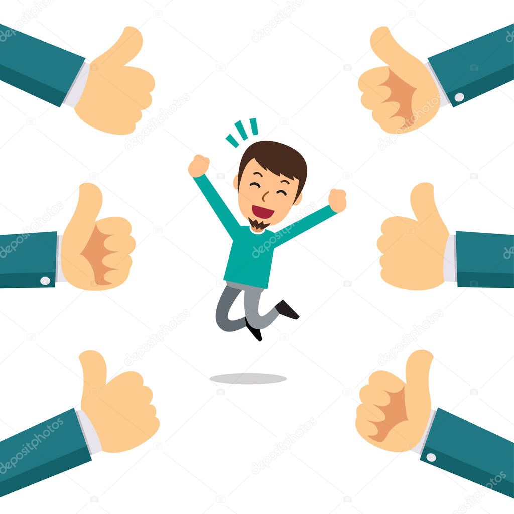 Vector cartoon happy man with many thumbs up hands for design.