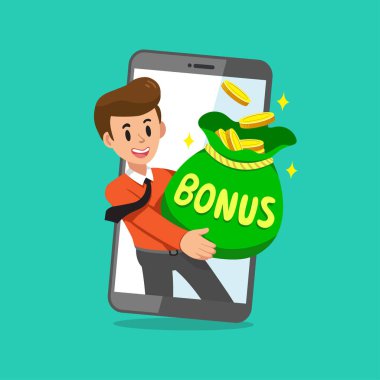 Cartoon businessman with big bonus money bag on smartphone screen for design.