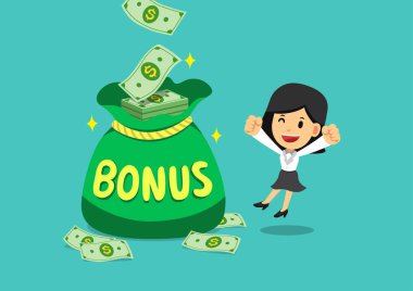 Cartoon happy business woman with big bonus money bag for design. clipart