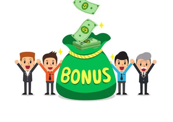 Cartoon Happy Business Mensen Met Grote Bonus Geld Tas Voor — Stockvector