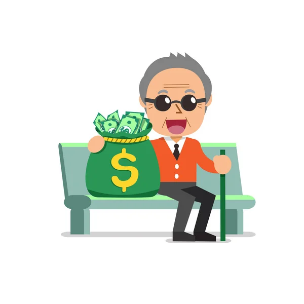 Cartoon Gelukkig Senior Man Met Groot Geld Tas Voor Het — Stockvector