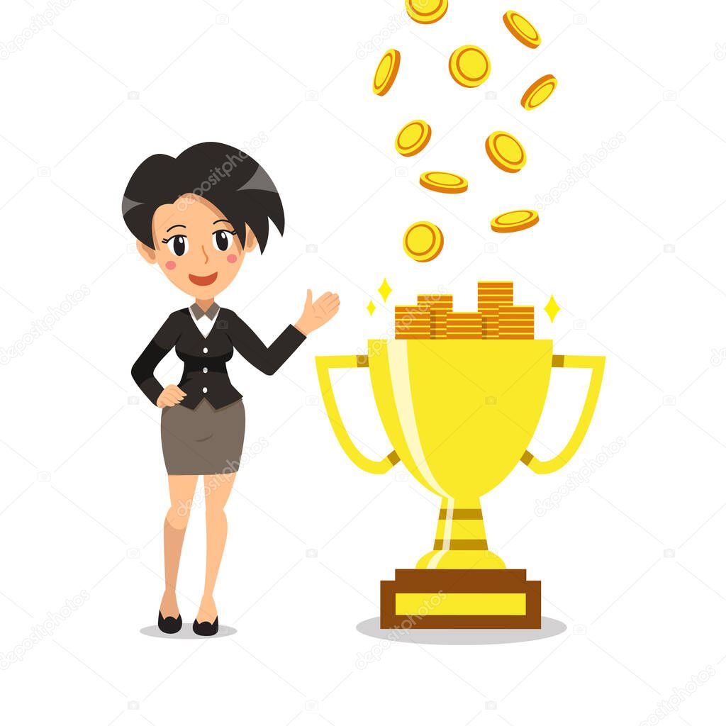 Cartoon businesswoman earning money with trophy for design.